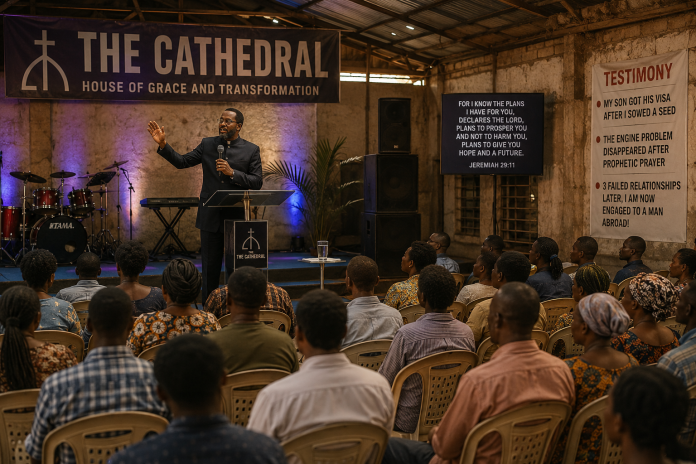 Thieves of the Cathedral Episode 3 – Apostle Dr. B.K. Abotare preaching to the growing congregation inside the transformed warehouse in Adomkrom