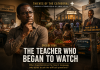 Thieves of the Cathedral: The Teacher Who Began to Watch A thoughtful schoolteacher pauses beside a roadside poster of Apostle Dr. B.K. Abotare as crowds stream toward the Cathedral of Glorious Fire, symbolizing the growing influence of faith over everyday life in Adomkrom.
