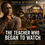 Thieves of the Cathedral: The Teacher Who Began to Watch A thoughtful schoolteacher pauses beside a roadside poster of Apostle Dr. B.K. Abotare as crowds stream toward the Cathedral of Glorious Fire, symbolizing the growing influence of faith over everyday life in Adomkrom.