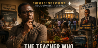 Thieves of the Cathedral: The Teacher Who Began to Watch A thoughtful schoolteacher pauses beside a roadside poster of Apostle Dr. B.K. Abotare as crowds stream toward the Cathedral of Glorious Fire, symbolizing the growing influence of faith over everyday life in Adomkrom.