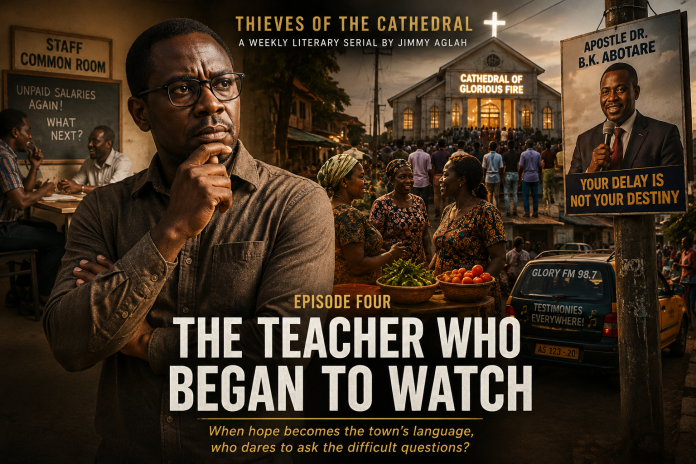 Thieves of the Cathedral – Episode Four: The Teacher Who Began to Watch A thoughtful schoolteacher pauses beside a roadside poster of Apostle Dr. B.K. Abotare as crowds stream toward the Cathedral of Glorious Fire, symbolizing the growing influence of faith over everyday life in Adomkrom.