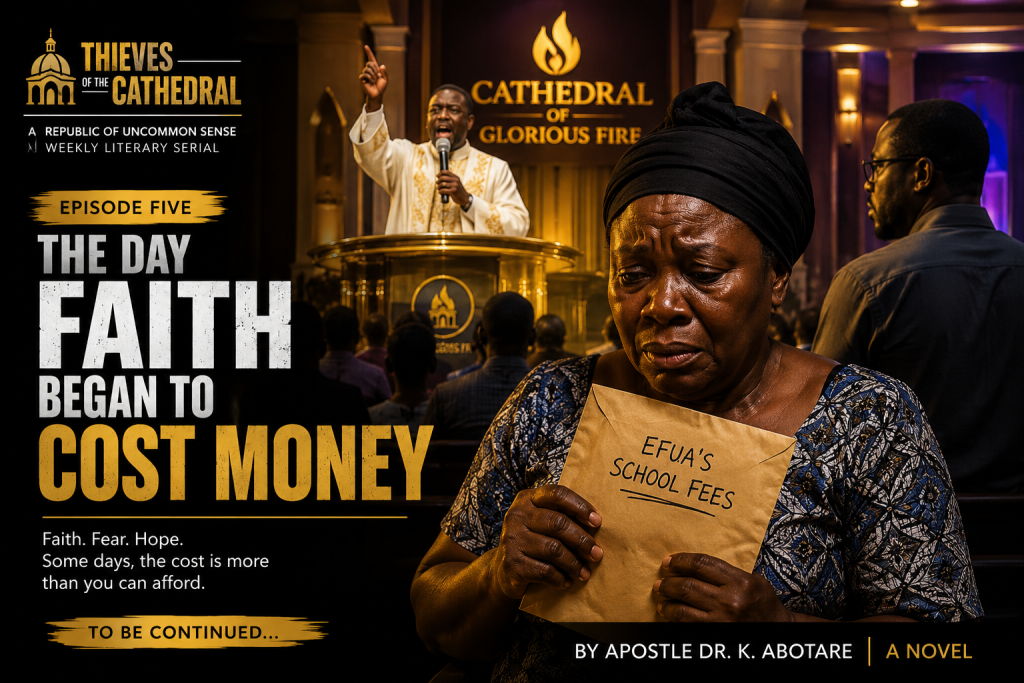 The Day Faith Began to Cost Money – Mama Grace clutches an envelope containing Efua's school fees as Apostle Dr. B.K. Abotare preaches inside the Cathedral of Glorious Fire while Kojo Mensah watches from the background.