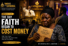 Thieves of the Cathedral: The Day Faith Began to Cost Money The Day Faith Began to Cost Money – Mama Grace clutches an envelope containing Efua's school fees as Apostle Dr. B.K. Abotare preaches inside the Cathedral of Glorious Fire while Kojo Mensah watches from the background.