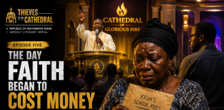 Thieves of the athedral: The Day Faith Began to Cost Money The Day Faith Began to Cost Money – Mama Grace clutches an envelope containing Efua's school fees as Apostle Dr. B.K. Abotare preaches inside the Cathedral of Glorious Fire while Kojo Mensah watches from the background.