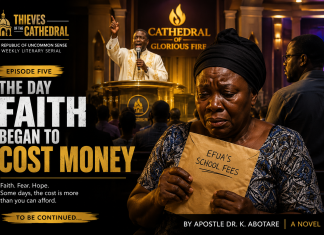 Thieves of the Cathedral: The Day Faith Began to Cost Money The Day Faith Began to Cost Money – Mama Grace clutches an envelope containing Efua's school fees as Apostle Dr. B.K. Abotare preaches inside the Cathedral of Glorious Fire while Kojo Mensah watches from the background.