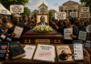 Inheritance Disputes in Ghana: The Hidden Cost of Family Legacy Symbolic illustration of a Ghanaian funeral transformed into a national public debate, with mourners, microphones, legal documents, smartphones and the Comment Section representing inheritance disputes and public opinion.