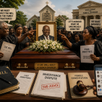 Inheritance Disputes in Ghana: The Hidden Cost of Family Legacy Symbolic illustration of a Ghanaian funeral transformed into a national public debate, with mourners, microphones, legal documents, smartphones and the Comment Section representing inheritance disputes and public opinion.