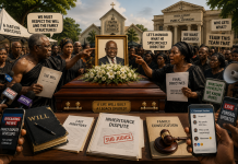 Inheritance Disputes in Ghana: The Hidden Cost of Family Legacy Symbolic illustration of a Ghanaian funeral transformed into a national public debate, with mourners, microphones, legal documents, smartphones and the Comment Section representing inheritance disputes and public opinion.