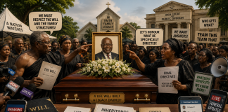 Inheritance Disputes in Ghana: The Hidden Cost of Family Legacy Symbolic illustration of a Ghanaian funeral transformed into a national public debate, with mourners, microphones, legal documents, smartphones and the Comment Section representing inheritance disputes and public opinion.