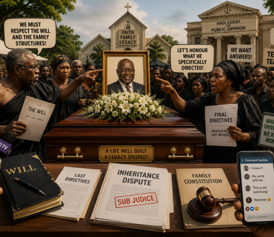Inheritance Disputes in Ghana: The Hidden Cost of Family Legacy Symbolic illustration of a Ghanaian funeral transformed into a national public debate, with mourners, microphones, legal documents, smartphones and the Comment Section representing inheritance disputes and public opinion.