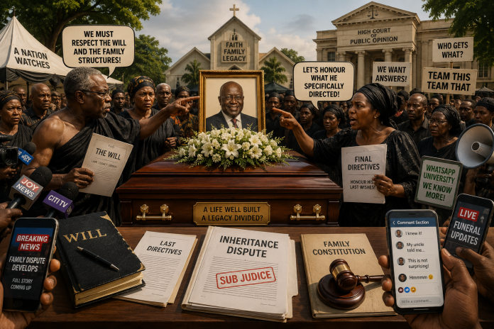 The Republic Where Everybody Buries the Dead Differently Symbolic illustration of a Ghanaian funeral transformed into a national public debate, with mourners, microphones, legal documents, smartphones and the Comment Section representing inheritance disputes and public opinion.