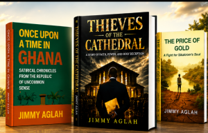 Book covers by Ghanaian author Jimmy Aglah, including Once Upon a Time in Ghana, Thieves of the Cathedral and The Price of Gold.