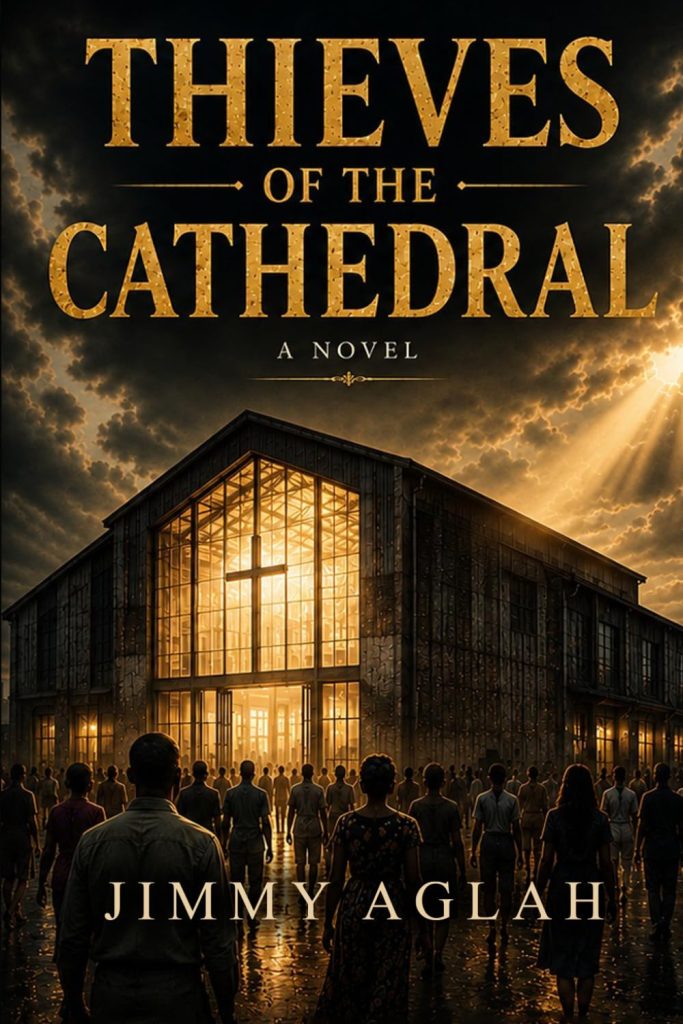 Thieves of the Cathedral book cover by Jimmy Aglah, a weekly literary serial about faith, power and dependence in Adomkrom.
