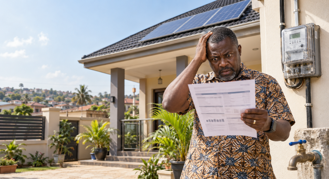 ECG estimated billing in Ghana illustrated by a homeowner holding a high electricity bill beside rooftop solar panels