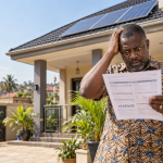 THE ONLY THING THAT FLOWS REGULARLY IS THE BILL ECG estimated billing in Ghana illustrated by a homeowner holding a high electricity bill beside rooftop solar panels