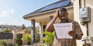 THE ONLY THING THAT FLOWS REGULARLY IS THE BILL ECG estimated billing in Ghana illustrated by a homeowner holding a high electricity bill beside rooftop solar panels