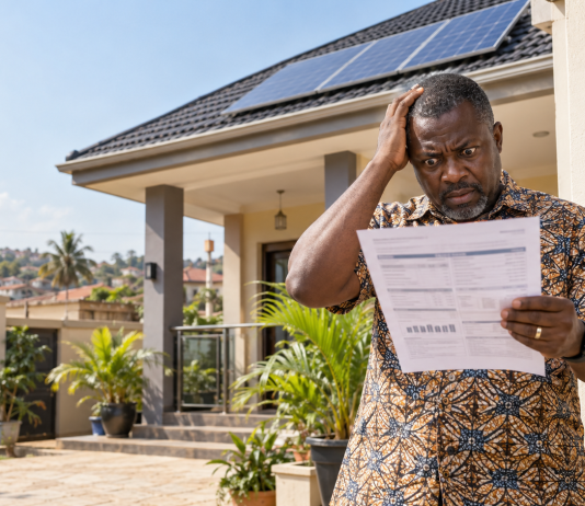 THE ONLY THING THAT FLOWS REGULARLY IS THE BILL ECG estimated billing in Ghana illustrated by a homeowner holding a high electricity bill beside rooftop solar panels